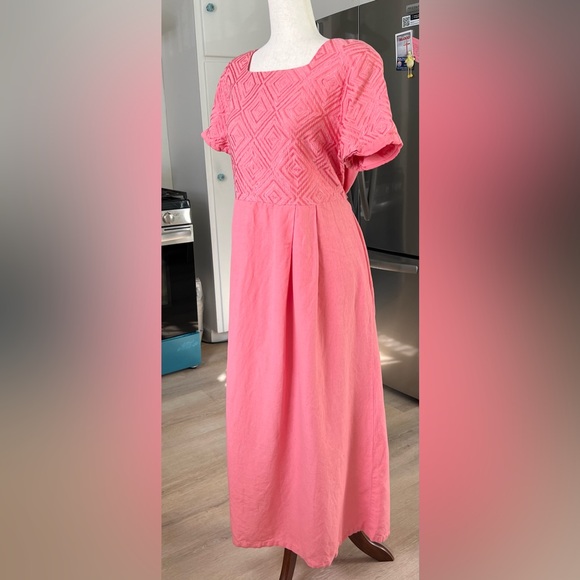 VTG Linen Blend Sarah Elizabeth Pink Pleated Square Neck Tie Waist Maxi Dress - Picture 2 of 16